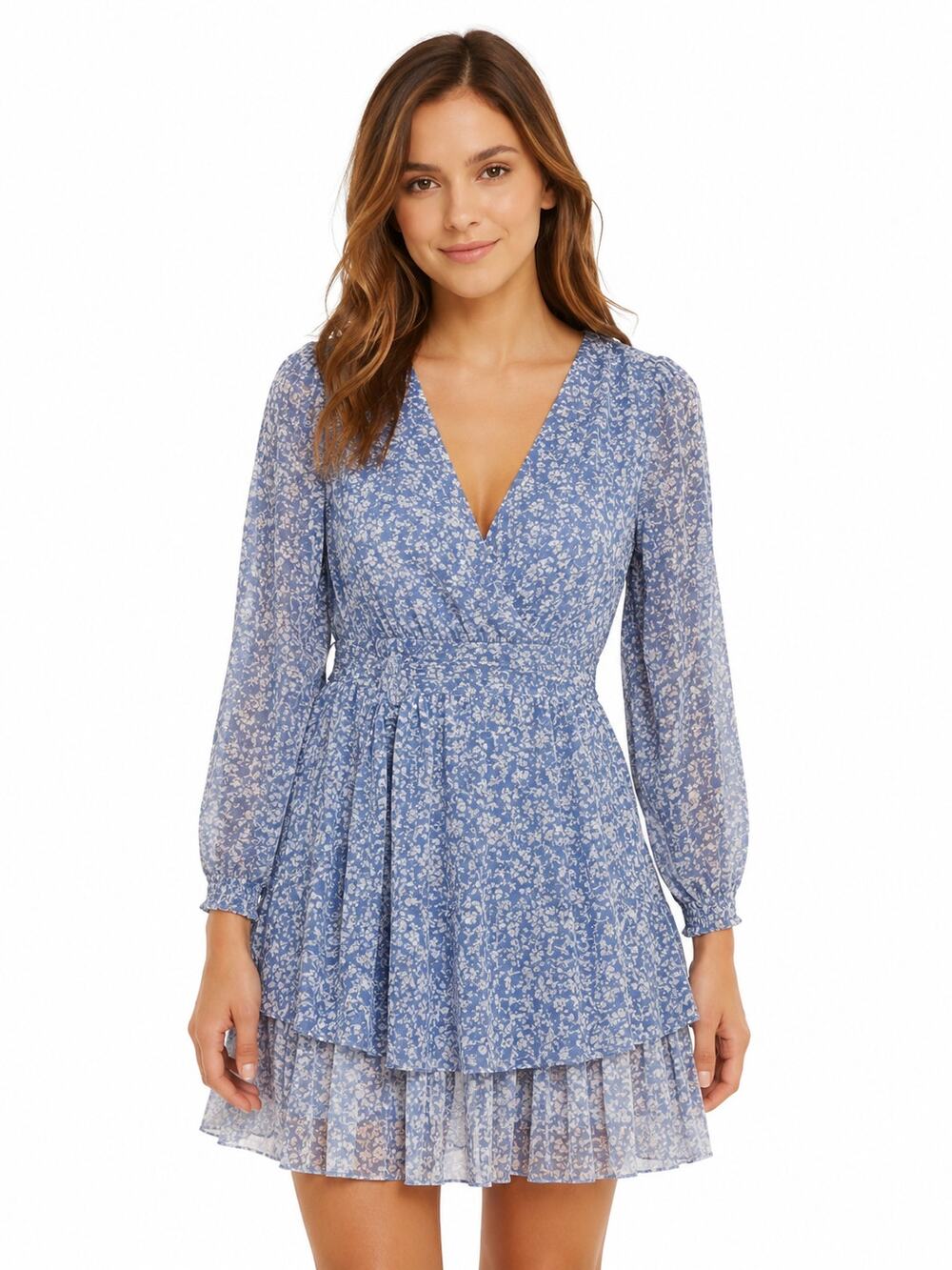 Japna Blue Floral Lace Boho A-Line Tiered Ruffle Hem Mini Dress - Size Small NWT